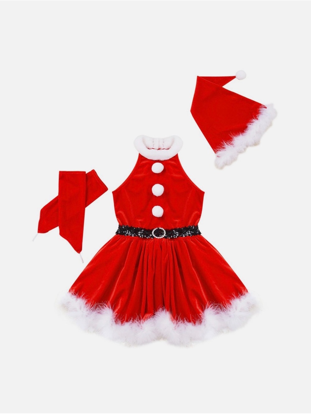 Kids Girls Christmas Velvet Tutu Dresses Faux Fur Trim with Santa Hat Gloves